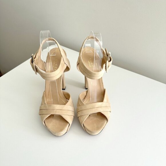 GUCCI Nude Suede Ankle Strap Chunky Heel Platform Sandals Size 38 (US 8) - Picture 3 of 14